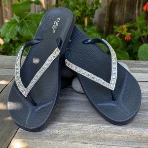 Capelli Thong Sandals, Navy Blue w/ Clear Rhinestones, Women’s Size 11, New
